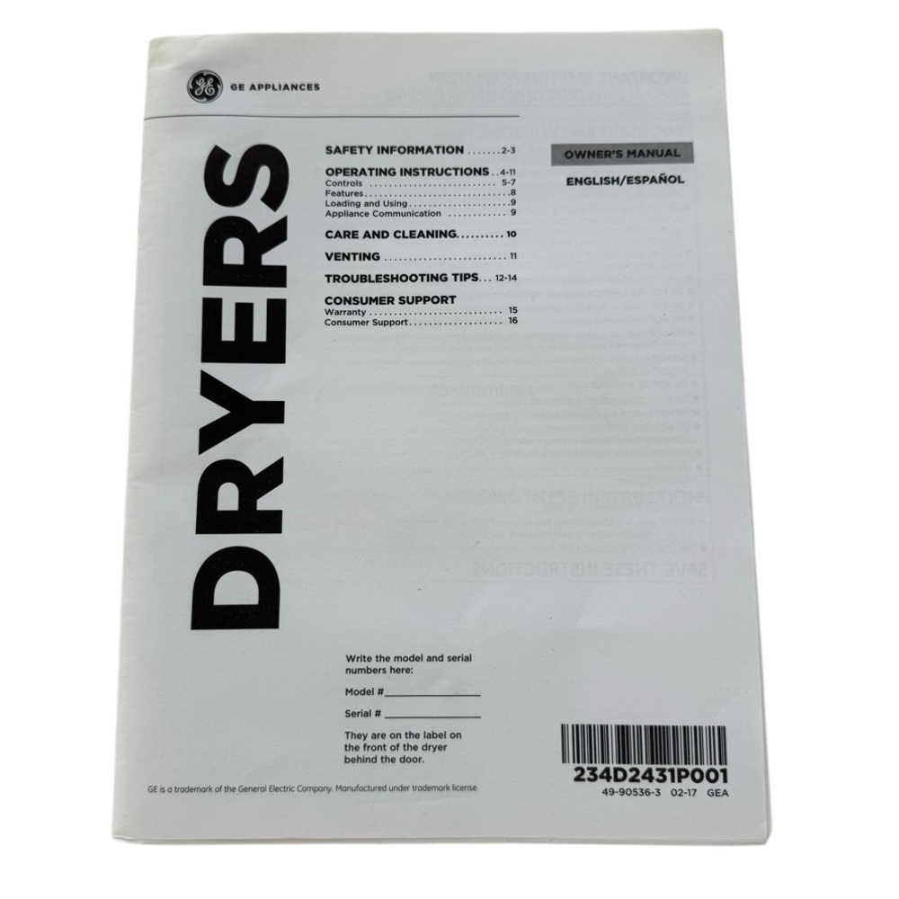 GE Dryer Manual 234D2431P001 / 49-90536-3 02-17 GEA Dryer Installation Instruct